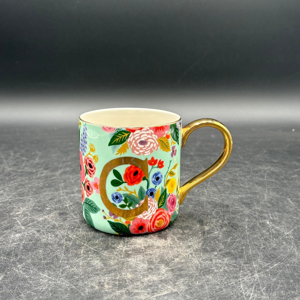 Rifle Paper Co Anthropologie Garden Floral Initial "C" Coffee Mint Gold Handle